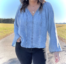 Load image into Gallery viewer, Chambray Bell Sleeve Top
