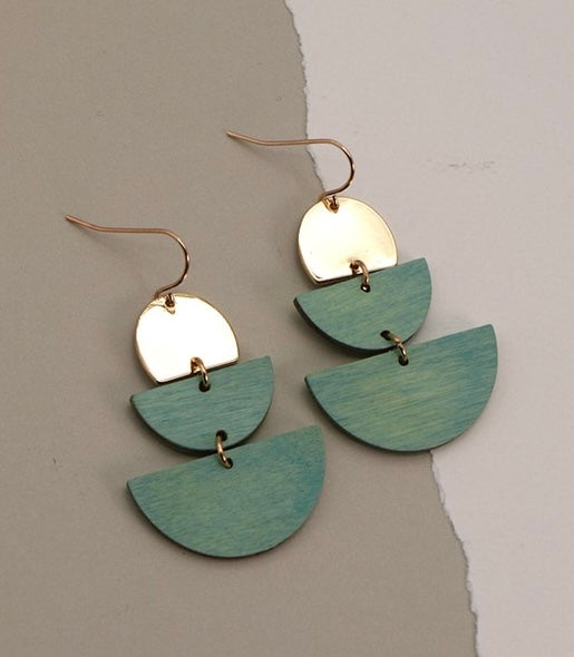 Teal Half Moon Wood & Metal Earrings