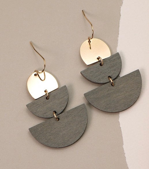 Pewter Half Moon Wood & Metal Earrings